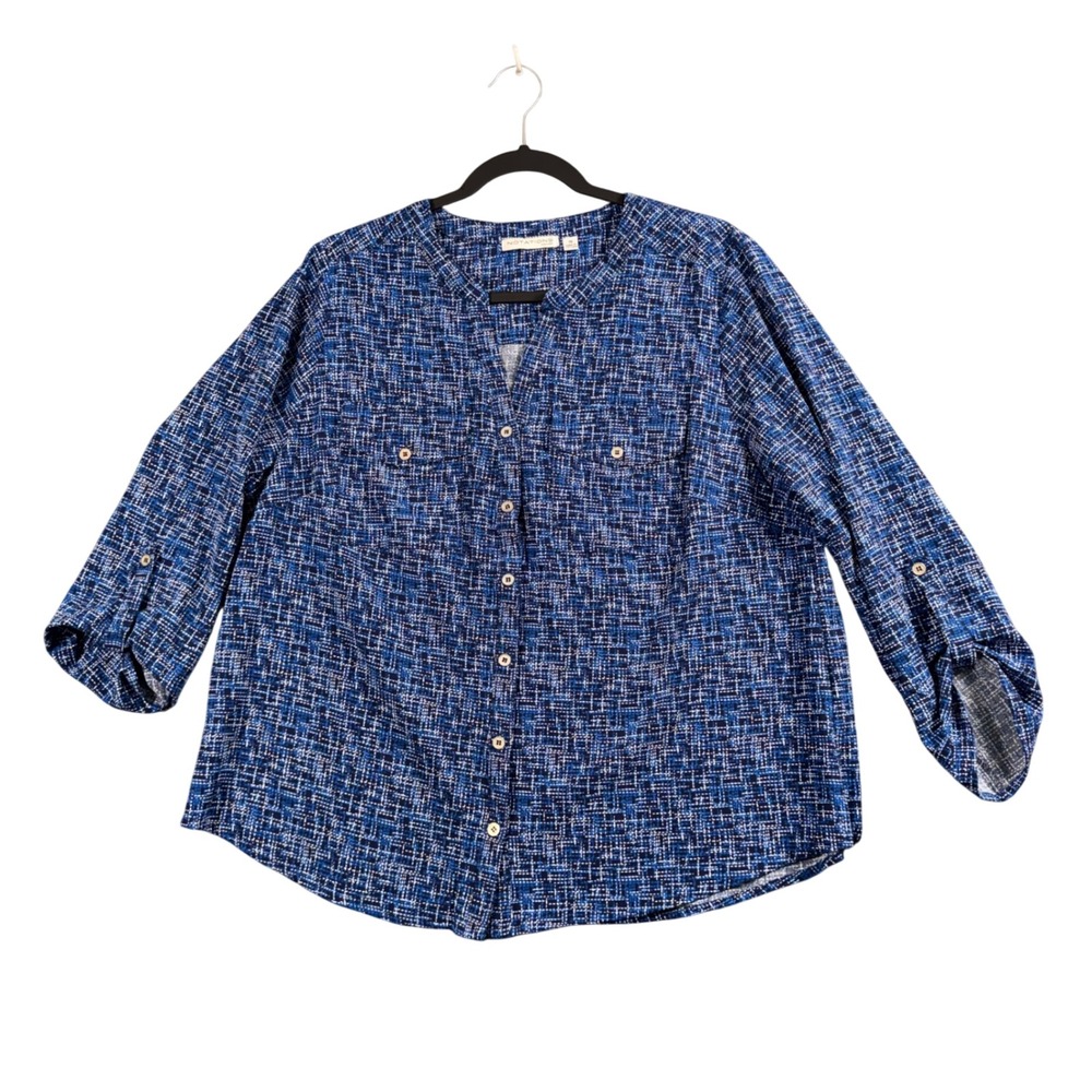 Notations Y2K Blue Abstract Blouse Plus Size 1X Boho Roll Tab Top